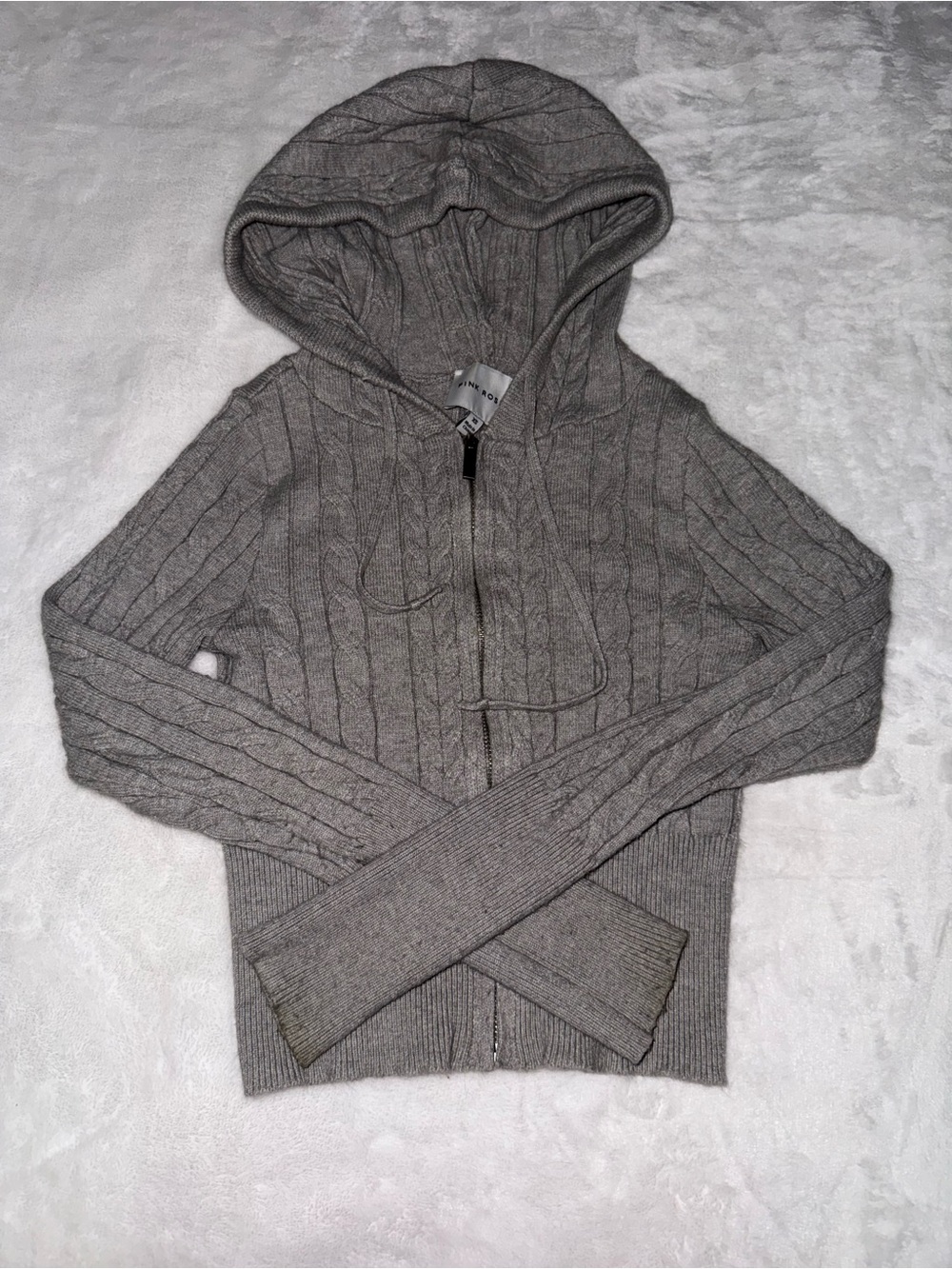 Pink Rose Men's Hooded Cable-Knit Zip Sweater in Gray
